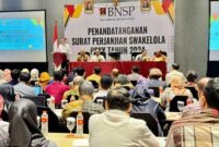 Foto: Badan Nasional Sertifikasi Profesi (BNSP) melaksanakan penandatanganan Surat Perjanjian Swakelola Program Sertifikasi Kompetensi Kerja (PSKK) di Hotel Harris Gubeng, Surabaya, pada Senin, 20 Mei 2024. (Doc.BNSP)